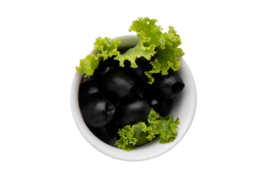 White bowl with black olives isolated on a transparent background png
