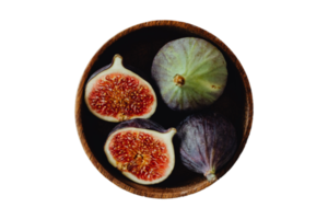 Wooden bowl with figs isolated on a transparent background png