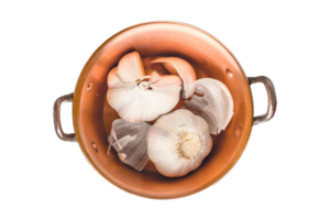 Bronze casserole with garlics isolated on a transparent background png