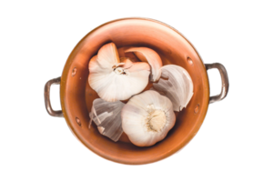 Bronze- Kasserolle mit Knoblauch isoliert auf ein transparent Hintergrund png