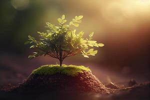 pequeño árbol que crece con sol en el jardín. concepto ecológico foto