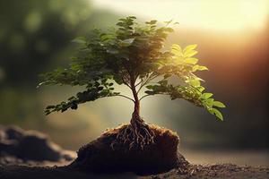 pequeño árbol que crece con sol en el jardín. concepto ecológico foto