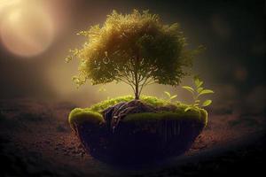 Small tree growing with sunshine in garden. eco concept photo