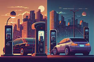 Vector illustration comparing electric versus gasoline car suv. Electric car charging at charger station photo