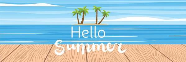 Summer long banner. Summer scene with island on the horizon and palms tree. Hello summer vector illustration.