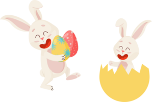 Two Happy Easter Rabbits with Eggs and Broken Shell. PNG