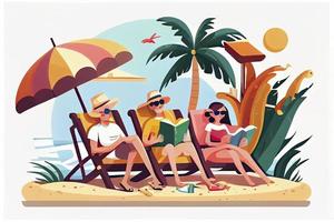 Beach time isolated cartoon vector illustration. Family members sunbathing at the beach photo