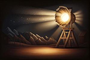 Floodlight spotlight illuminates wooden scene. Vector illustartion photo