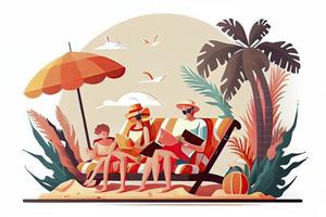 Beach time isolated cartoon vector illustration. Family members sunbathing at the beach photo