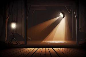 Floodlight spotlight illuminates wooden scene. Vector illustartion photo