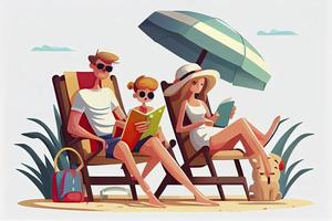 Beach time isolated cartoon vector illustration. Family members sunbathing at the beach photo