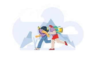 Man and a woman, tourists are running somewhere against the backdrop of mountains. vector