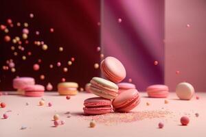 Macarrons of different colors floating on a pink background, photo