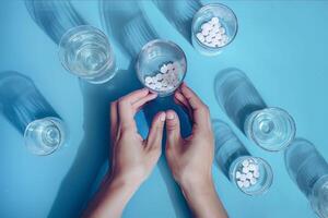 top-down view of a of human hands holding a glass of water and a pile of pills on a blue, flat surface, photo