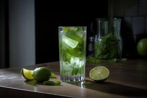 Virgen mojito largo Ron bebida con Fresco menta, Lima jugo, caña azúcar y soda, bebida fiesta, ai generado foto