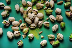 closeup flatlay view of a pile of pistachio nuts and their shells, photo