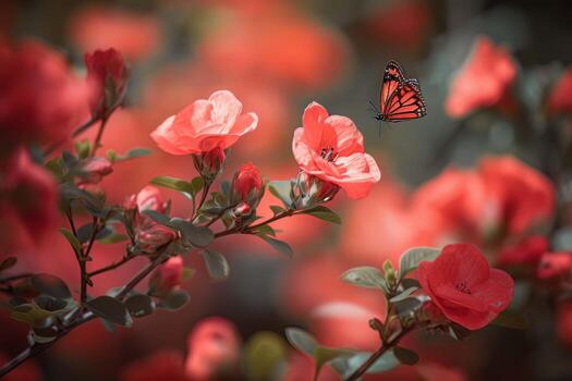 delicado belleza de el japonés membrillo flores y el majestuoso monarca mariposas, ai generado foto