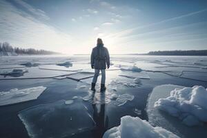 hombre en pie en el congelado lago, hielo con grietas, ai generado foto
