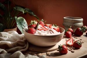 a bowl of creamy strawberry yogurt, with fresh strawberries, photo