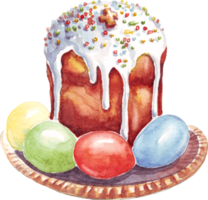 Easter cake and eggs.  Watercolor clipart. Hand-painted png