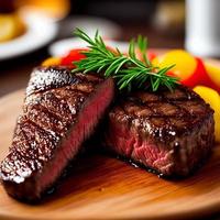 Succulent thick juicy portions of grilled fillet steak served with tomatoes and roast vegetables photo