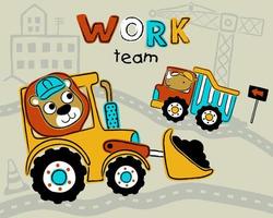 Vector illustration of funny lion and rhino on construction vehicle. Construction element cartoon