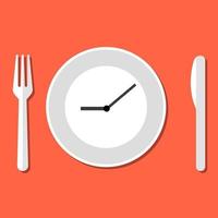 un negocio almuerzo signo. el plato es un reloj. pictograma en un rojo antecedentes. vector