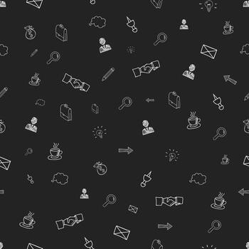 Business hand drawn doodles in white outline on black in dense scattered pattern in square format vector