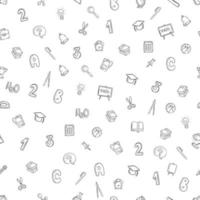 Seamless vector pattern on a white background school items in a flat style doodle numbers, alarm clock, pen, bell, magnifier, briefcase, calculator, for web design and typography.