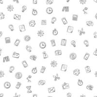 Seamless pattern in doodle style, black business icons on a white background which depicts an envelope, a gear, a light bulb. stopwatch, scissors, calculator, vector flat abstract illustration.