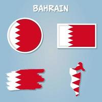 Bahrain map including map with reflection, map in flag colors, glossy and normal flag of Bahrain. vector