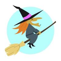 Simple flat illustration of an old witch flying on a broom smiling with a bag on her back. vector