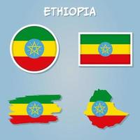 Colorful flag, map pointer and map of Ethiopia in the colors of the Ethiopian flag. vector