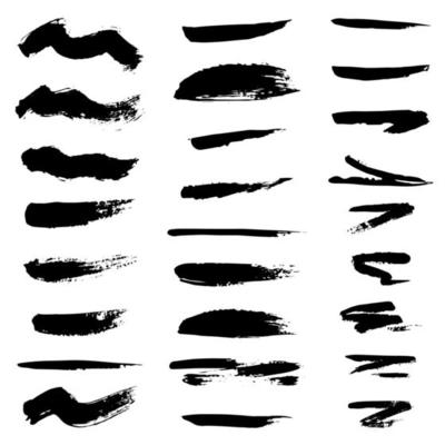 Collection of black paint, ink brush strokes, brushes