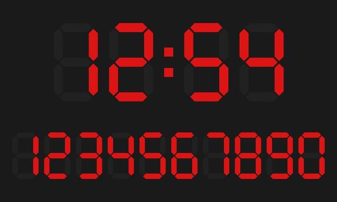 Red digital numbers set isolated on black background