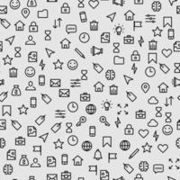 Seamless pattern social black icons on a white background, on which are depicted in the style of a face, house, castle, hourglass, cursor, pencil, clock, flat vector illustration.