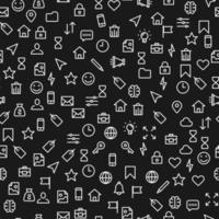 Seamless pattern of social white icons on a black background, on which a face, a house, a castle, an hourglass, a cursor, a pencil, a clock are depicted in a stroke style. vector