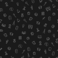 Seamless vector pattern on a black background school items in a flat style doodle numbers, alarm clock, pen, bell, magnifier, briefcase, calculator.