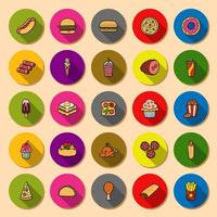 Set of vector fast food icons in round flat bright plates with long shadow.