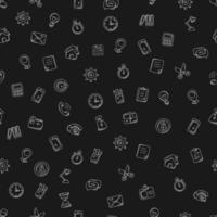 Seamless pattern in doodle style, white business icons on a black background which depicts an envelope, a gear, a light bulb. stopwatch, scissors, calculator, vector flat illustration.