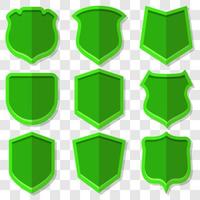 Set of green vector shields in 3D style with shadow.