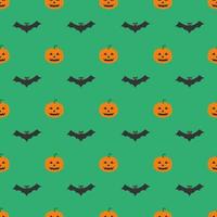 Halloween pattern, smiling and funny cartoon characters pumpkin on green background. vector