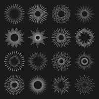 Vector set of round white rays on black background for web design and internet.