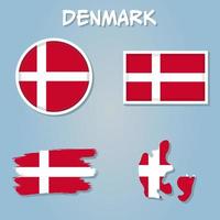 Colorful flag, map pointer and map of Denmark in the colors of the danish flag. vector