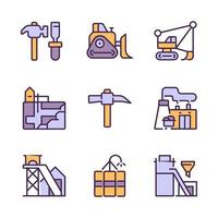 Mining industry related pixel perfect RGB color icons set. Heavy equipment. Coal processing plant. Isolated vector illustrations. Simple filled line drawings collection. Editable stroke