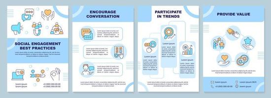 Social engagement best practices blue brochure template. Leaflet design with linear icons. Editable 4 vector layouts for presentation, annual reports