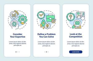 Develop and fine-tune business idea tips onboarding mobile app screen. Walkthrough 3 steps editable graphic instructions with linear concepts. UI, UX, GUI template vector