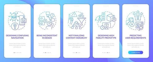 Bad user experience design blue gradient onboarding mobile app screen. Walkthrough 5 steps graphic instructions with linear concepts. UI, UX, GUI template vector