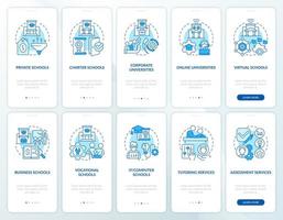 Education service providers blue onboarding mobile app screen set. Walkthrough 5 steps editable graphic instructions with linear concepts. UI, UX, GUI template vector