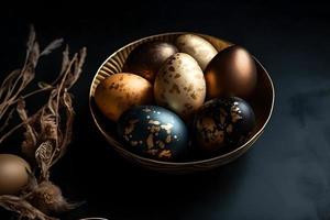 oro y oscuro verde decorado Pascua de Resurrección huevos pintado por mano en un oscuro fondo, Pascua de Resurrección, elegante mínimo composición, plano laico foto